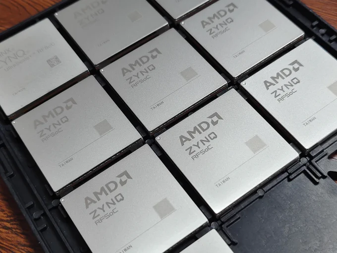 AMD Zynq RFSoC chips photographed in their tray